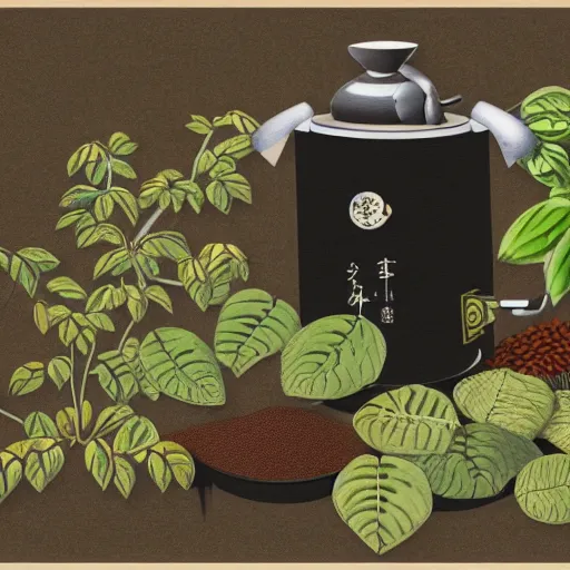 Prompt: Japanese illustration of an Italian coffee maker, surrounded by coffee seeds and plants in a beautiful environment, extreme detail