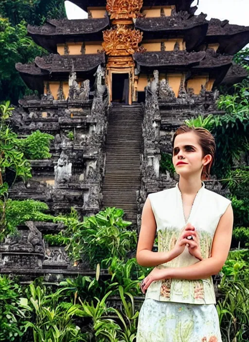 Prompt: emma watson wearing kebaya bali in bali. temple background. front view. instagram holiday photo shoot, award winning photography