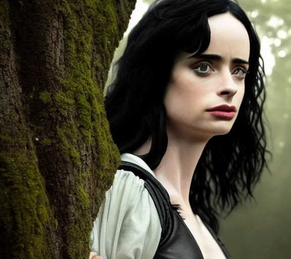 Image similar to 5 5 mm close up portrait photo of krysten ritter as yennefer of vengerberg in black leather armor and black hair, in a forest. magical atmosphere. art by greg rutkowski. lifelike. very detailed 8 k. intricate. soft light. nikon d 8 5 0.