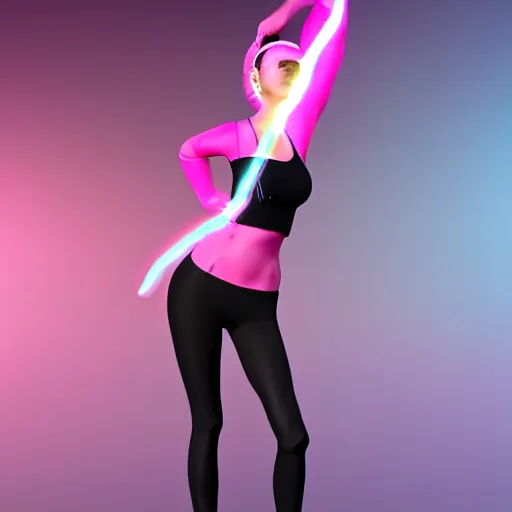 Prompt: a digital painting of a woman in pink leggings and a black t - shirt, holding a cell phone in one hand and a flashlight in the other hand, a hologram by ambreen butt, trending on zbrush central, futurism, y 2 k aesthetic, daz 3 d, 3 d