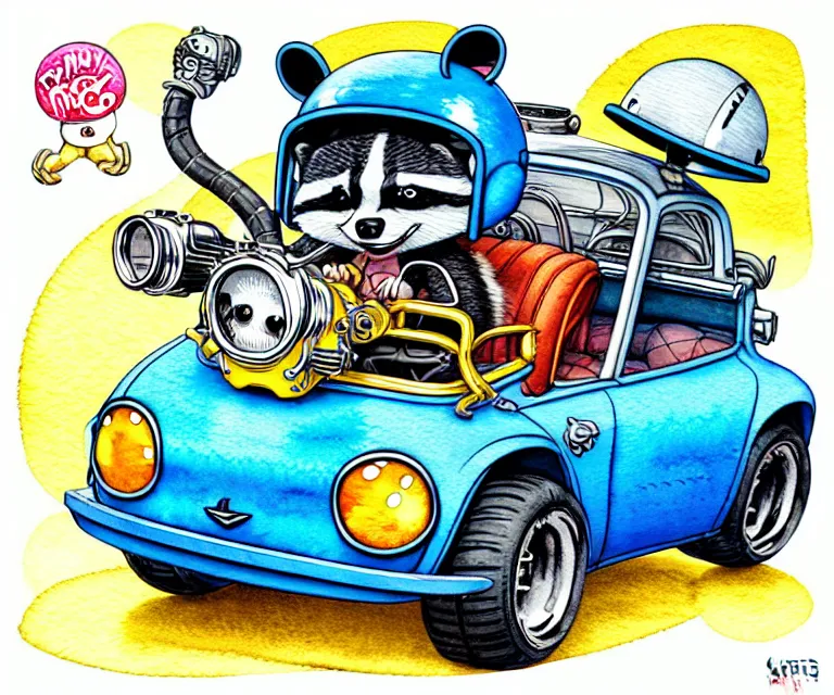 Image similar to cute and funny, baby racoon wearing a helmet riding in a tiny hot rod with oversized engine, ratfink style by ed roth, centered award winning watercolor pen illustration, isometric illustration by chihiro iwasaki, edited by range murata, tiny details by artgerm and watercolor girl, symmetrically isometrically centered