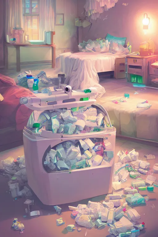 Image similar to Diaper Disposal Robot, Overflowing with Diapers, digital art, fantasy, trending on artstation, professional illustration, cgsociety, ultra detailed, volumetric lighting, celshaded, colorful, girly bedroom, lively, cute