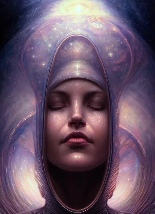 Prompt: closeup portrait shot of a meditation in space in a scenic dystopian environment, intricate, elegant, highly detailed, centered, digital painting, artstation, concept art, smooth, sharp focus, illustration, artgerm, tomasz alen kopera, peter mohrbacher, donato giancola, joseph christian leyendecker, wlop, boris vallejo