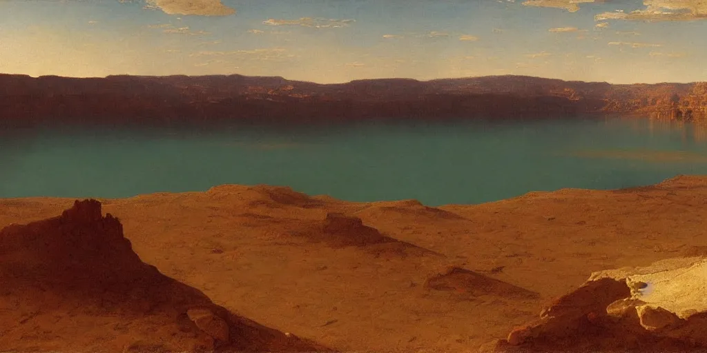 Image similar to lake in a desert, utah, aerial shot, cinematic lighting, midday, albert bierstadt