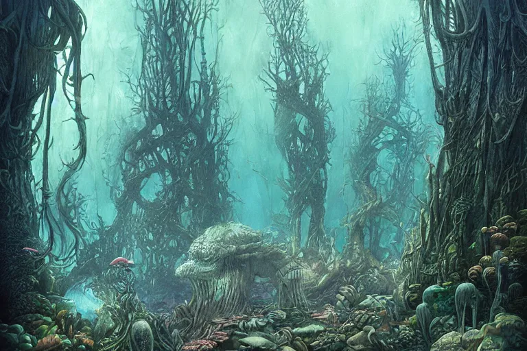 Image similar to Fantastical underwater forest by H R Giger, Moebius and Eywind Earle, trending on artstation