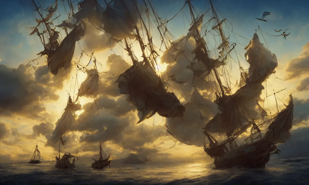 Image similar to a beautiful digital painting of peter pan and the lost boys, disney, a white caravel flying in the clouds, birds in the sunlight, numerous golden ropes and sails, blue sky at sunset, elegant, highly detailed, artstation, concept art, matte, sharp focus, art by tom bagshaw, kelogsloops and greg rutkowski