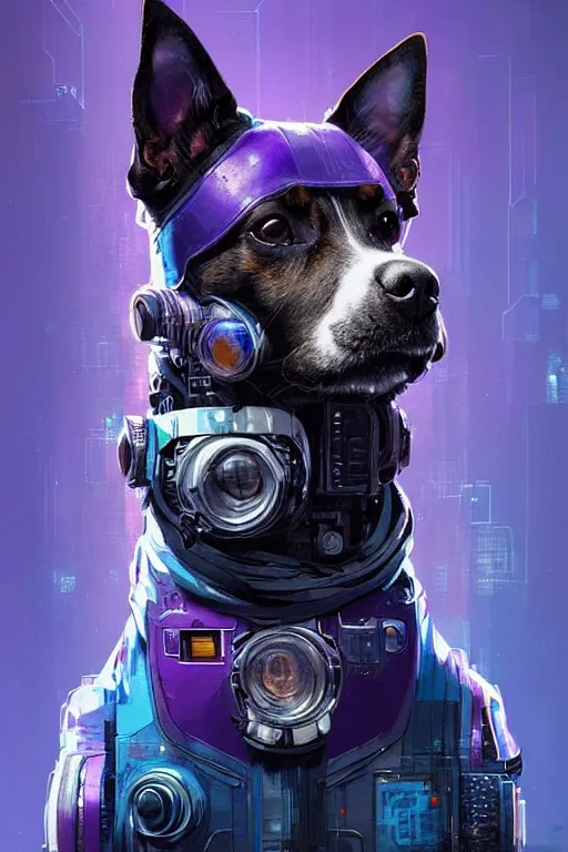 Prompt: a beautiful portrait of a cute cyberpunk dog by sandra chevrier and greg rutkowski and wlop, purple blue color scheme, high key lighting, volumetric light, digital art, highly detailed, fine detail, intricate, ornate, complex, octane render, unreal engine, photorealistic