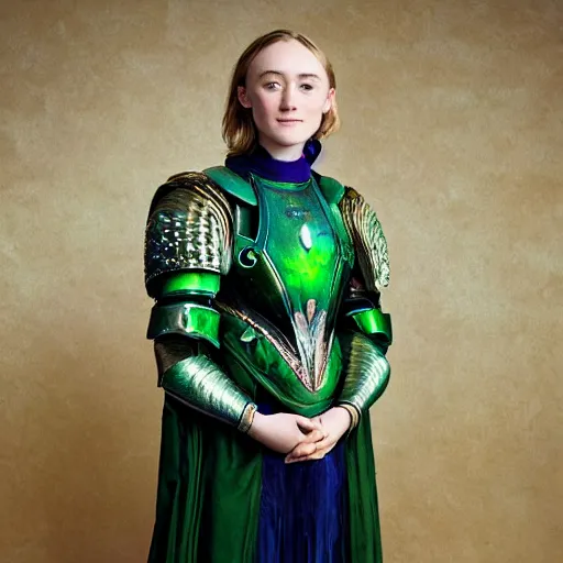 Image similar to well-lit studio portrait of 16-year old Saoirse Ronan wearing iridescent, green mother of pearl and malachite art nouveau style full body female mail armor by Steve McCurry and Alphonse Mucha