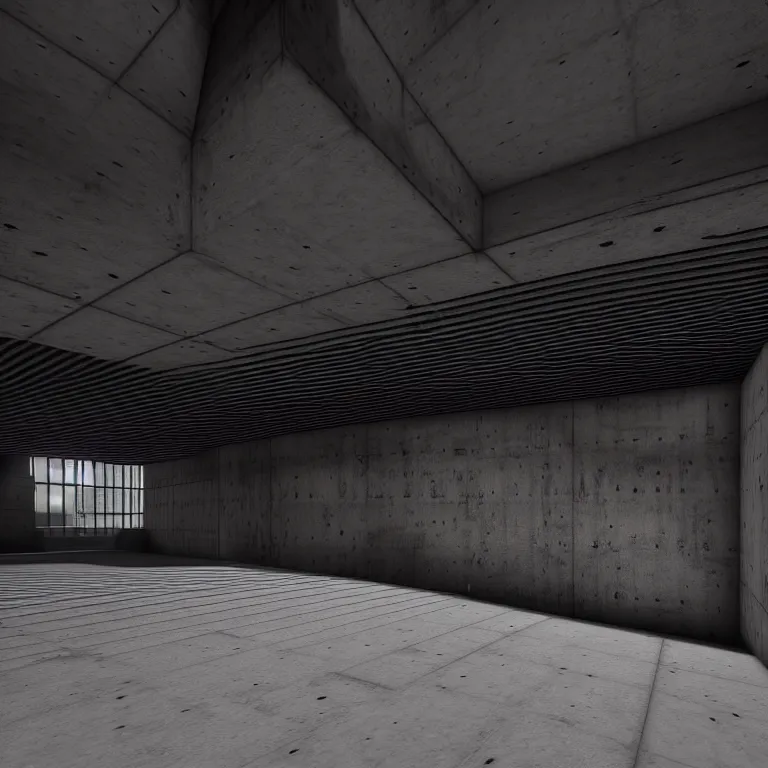 Prompt: Concrete huge dark-gray multi-layered underground structure with multiple floors and a cleft in the center. Inside view, straight lines, corners, high detailed, details, ultra realistic, photorealism, 8k, doorways, symmetrical, brutalism, ray of light, architecture, volumetric lighting, cinematic, shadows