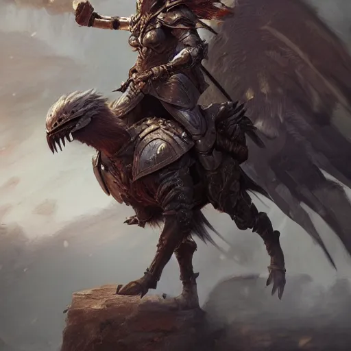 Image similar to a warrior riding on an armored gryphon, au naturel, hyper detailed, digital art, trending in artstation, cinematic lighting, studio quality, smooth render, unreal engine 5 rendered, octane rendered, art style by klimt and nixeu and ian sprigger and wlop and krenz cushart