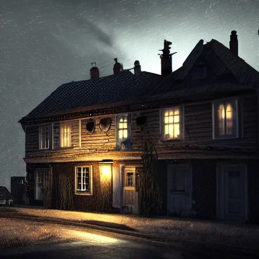 Image similar to dark night, lights, swedish houses, cars driving, realistic, cinematic, raytracing, intense detail, artstation