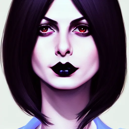 Image similar to Morena Baccarin as a goth gf e-girl, elegant, 2d, ultra highly detailed, digital painting, smooth, sharp focus, artstation, pixiv, art by Ilya Kuvshinov