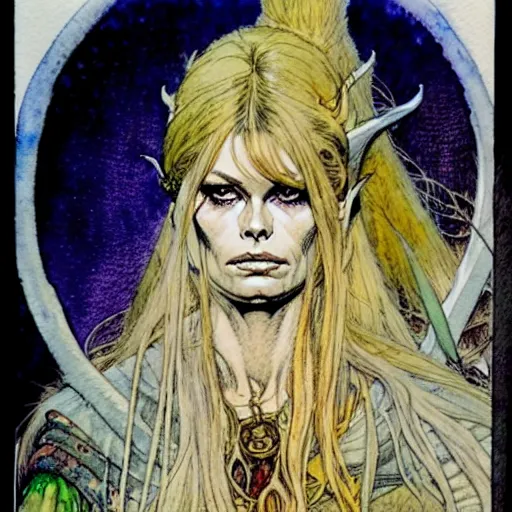 Image similar to a realistic and atmospheric watercolour fantasy character concept art portrait of brigitte bardot as a druidic warrior wizard looking at the camera with an intelligent gaze by rebecca guay, michael kaluta, charles vess and jean moebius giraud