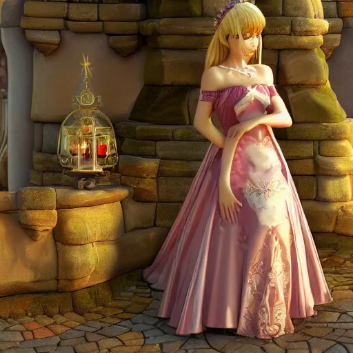 Image similar to a very detailed, ultra-realistic, pleasant, beautiful, funny, smooth 3D CG render, semirealistic anime style, close-up of a gorgeous, cute, gentle, noble priestess magician princess girl wearing dress and jewelry, in a glorious magic kingdom with castle and walls, relaxing calm vibes, fairytale, octane render