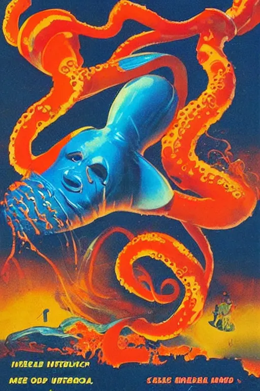 Prompt: movie poster for the 1 9 7 7 classic : infernal squid. a cold war arms race squid led conspiracy to subjugate humanity via means of pickling and dehydration. bold vivid colors, action montage, vibrant mass appeal.
