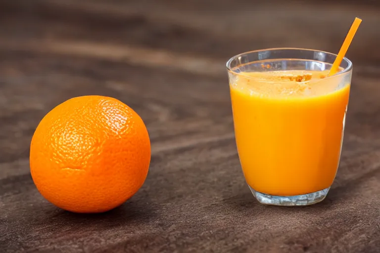 Prompt: a close-up photo of a straw poking into an orange, which drips orange juice into a glass cup, photo, 4K