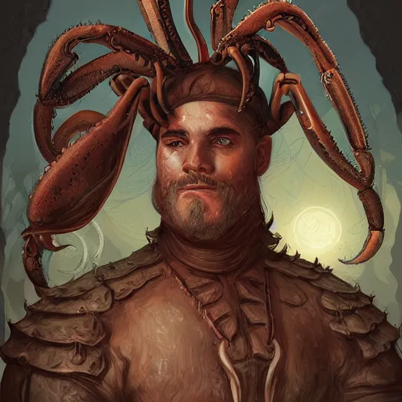 Prompt: A portrait of a man crossed with a crab and a squid, D&D rulebook illustration, fantasy, highly detailed, digital drawing