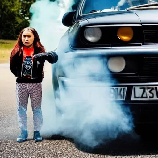 Image similar to close - up of angry greta thunberg with a bmw m 3 e 3 0 in the background, spewing black smoke from it's exhaust