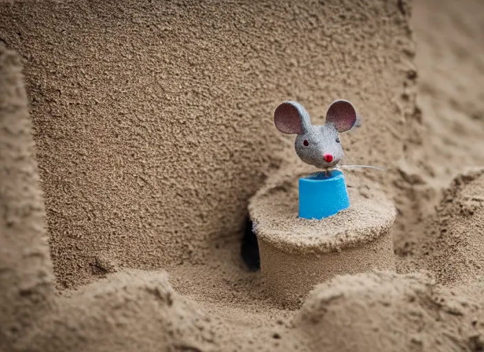 Prompt: dslr photo still of a mouse poking its head out of a sandcastle, 8 k, 8 5 mm f 1. 4