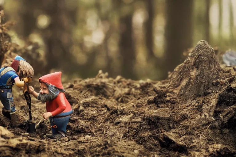 Image similar to movie scene portrait closeup, real life team of tiny gnome people building a tiny house in the forest natural lighting by emmanuel lubezki