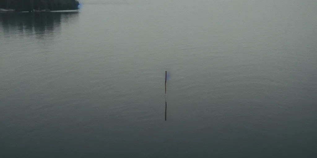 Image similar to an infinitely long rope floating to surface of water snaking across the center of the lake, overcast lake, 2 4 mm leica anamorphic lens, moody scene, stunning composition, hyper detailed, color kodak film stock