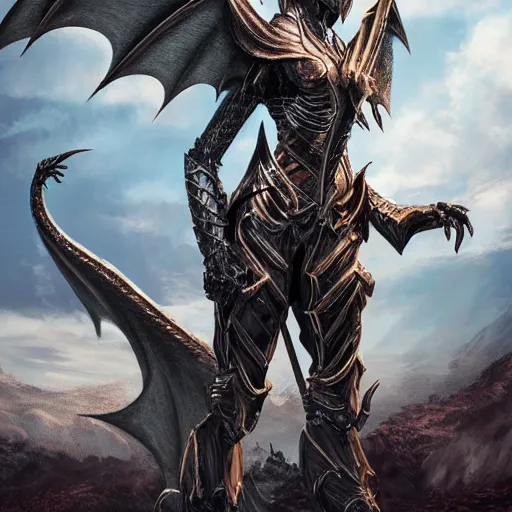 Prompt: highly detailed realistic stunning shot of a beautiful anthropomorphic female dragon knight, doing a majestic and elegant pose, armor made of steel, sharp claws and tail, two wings on her back, HD octane render, epic cinematography, fantasy, Artstation, Deviantart, Furaffinity