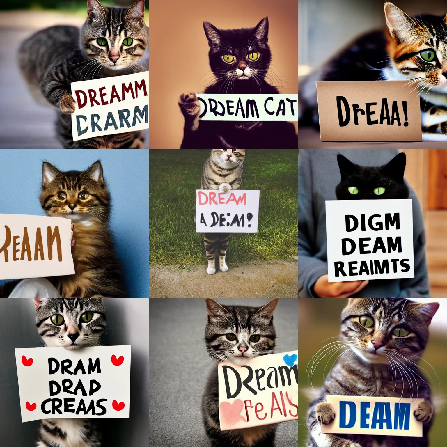 Image similar to realistic high quality photo of a cute cat holding a sign with text that reads : dream cats