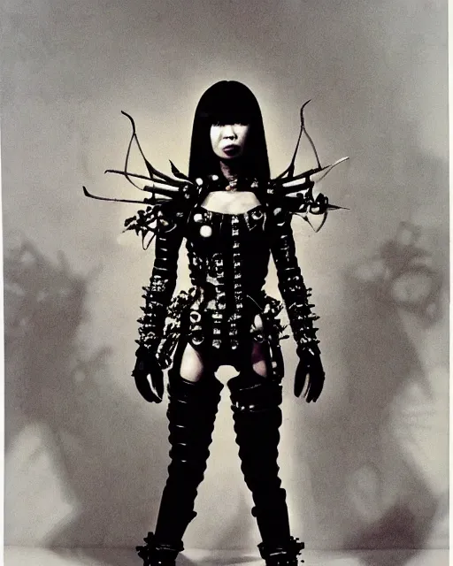 Image similar to portrait of a skinny punk goth yayoi kusama wearing armor by simon bisley, john blance, frank frazetta, fantasy, thief warrior