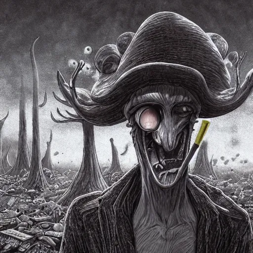 Image similar to 4 k headshot portrait of a psychedelic demonic anthropomorphic wendigo smoking a hand - rolled cigarette smoking heavily, magic mushroom village in background. award winning. superb resolution. in the art style of junji ito and greg rutkowski. detailed mushroom city in background. hyper realistic anime. perfect art. dalle 2