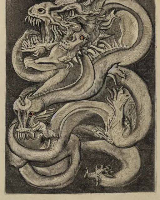 Image similar to a dragon with four heads. one human head, second eagle head, third lion head, fourth ox head. drawn by francis bacon