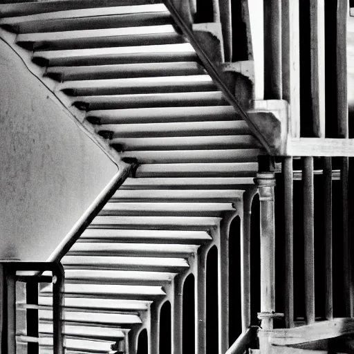 Prompt: black and white press photograph, highly detailed space of stairs, stairs and stairs, detailed textures, natural light, mist, architecture photography, film grain, soft vignette, sigma 8 5 mm f / 1. 4 1 / 1 0 sec shutter, darren aronofsky film still promotional image, imax 7 0 mm footage