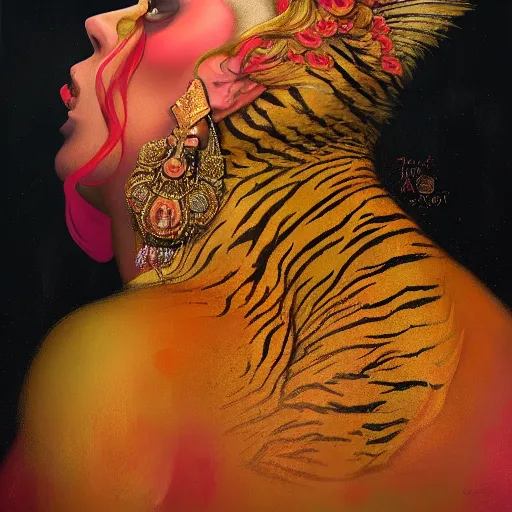 Image similar to side portrait of a beautiful Desi queen of tigers, pink and gold, by Anato Finnstark, Tom Bagshaw, Brom