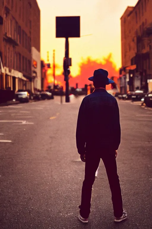 Prompt: kodak ultramax 4 0 0 photograph of a skinny guy wearing a hat standing in street, back view, looking at burning sky, grain, faded effect, vintage aesthetic, vaporwave colors,