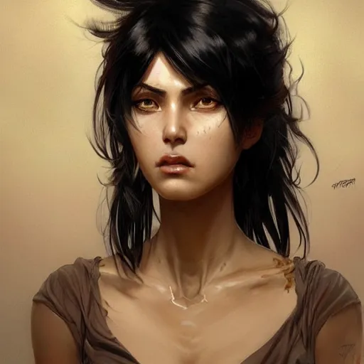 Prompt: angry woman with short, spiky black hair and dark skin, slanted amber eyes, long thin scar on her face. highly detailed, digital painting, artstation, concept art, sharp focus, beautiful face, expressive eyes, illustration, art by Artgerm and greg rutkowski and alphonse mucha