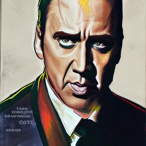 Image similar to nic cage as lex luther, buff, painted portrait, highly detailed,