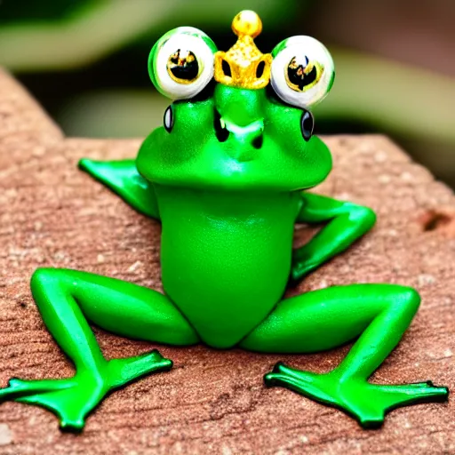 Prompt: Ordinary garden frog transforming into a human Prince with green suit and jeweled crown