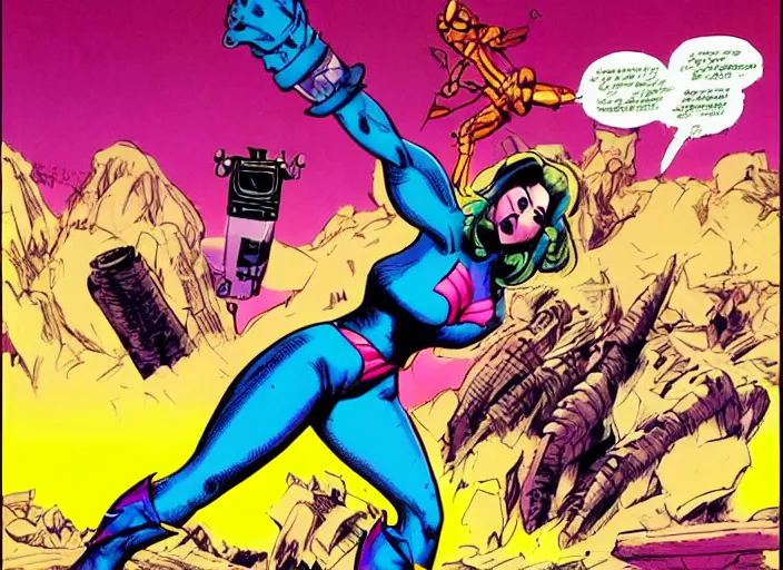 Prompt: comic panel of a dynamically posed beautiful!! riot grrl female superhero in short shorts, fighting an alien robot, by cory walker and ryan ottley and jack kirby and barry windsor - smith and norman rockwel and frank frazetta, concept art, smooth, sharp focus, comic, illustration, photo real