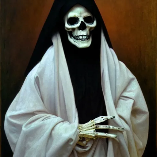 Prompt: the grim reaper, skeleton, oil painting, canvas, paul delaroche, alphonse mucha, arnold böcklin, hyperrealistic 8k, very detailed, portrait