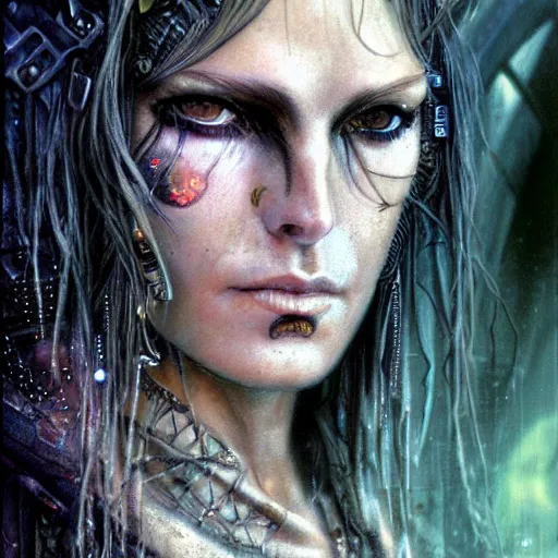 Image similar to an award finning closeup facial portrait by luis royo and john howe of a very beautiful and attractive female bohemian cyberpunk traveller aged 5 0 with green eyes and freckles in clothed in excessively fashionable cyberpunk gear and wearing ornate warpaint