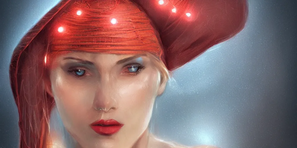 Image similar to woman, pale, artstation, concept art, digital painting, moroccan style hat, futuristic, cables with lights instead of hair, photorealistic, headshot, portrait, soft loght, high key