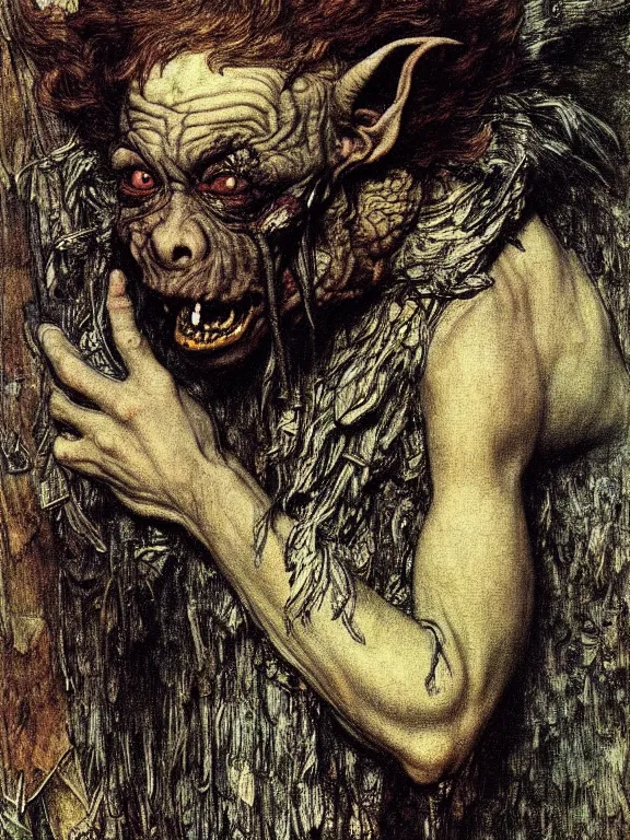 Image similar to Evil goblin. Extremely high detail, details, realistic, masterpiece, colorful. Portrait painting by Arthur Rackham, Muzinabu, Johann Tischbein, Eugene de Blaas, Frederic Leighton, Harry Clarke