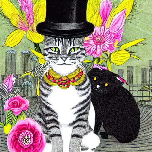 Image similar to animal friends portrait of a grey tabby cat wearing top hat sitting next to a black cat wearing a flower lei necklace, city skyline in the background, detailed colored pencil drawing 4 k