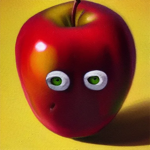 Prompt: an apple with a face and its eyes are pure glitch, oil painting, ultradetailed, artstation