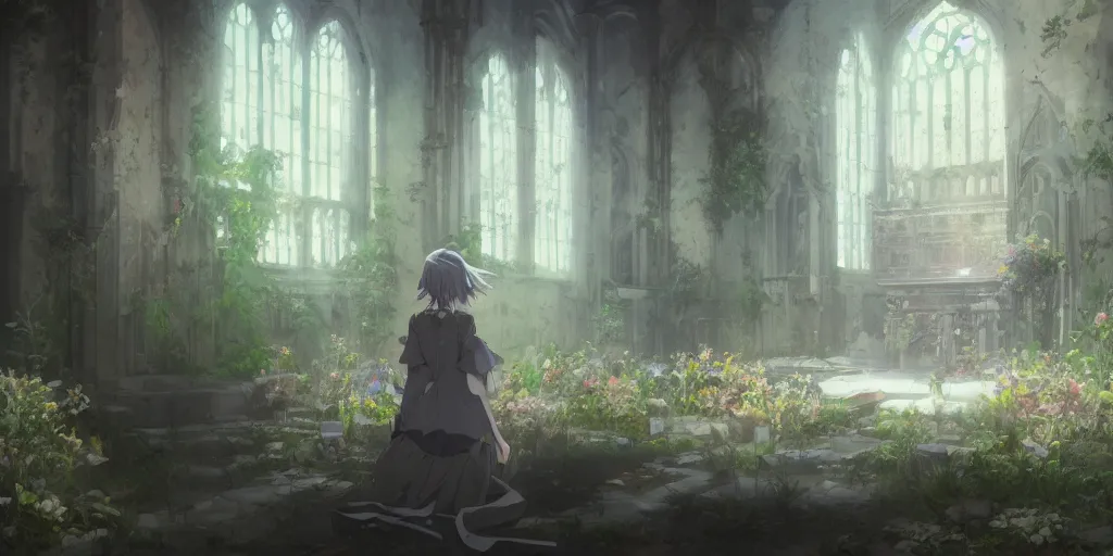 Image similar to anime kyoto animation key by greg rutkowski night, single white hair girl in abandoned chapel with overgrown flowers and plants