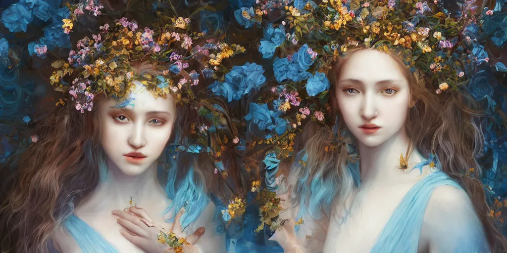 Image similar to breathtaking detailed concept art painting portrait of the hugs goddess of light blue flowers, carroty hair, orthodox saint, with anxious piercing eyes, ornate background, amalgamation of leaves and flowers, by hsiao - ron cheng, extremely moody lighting, 8 k