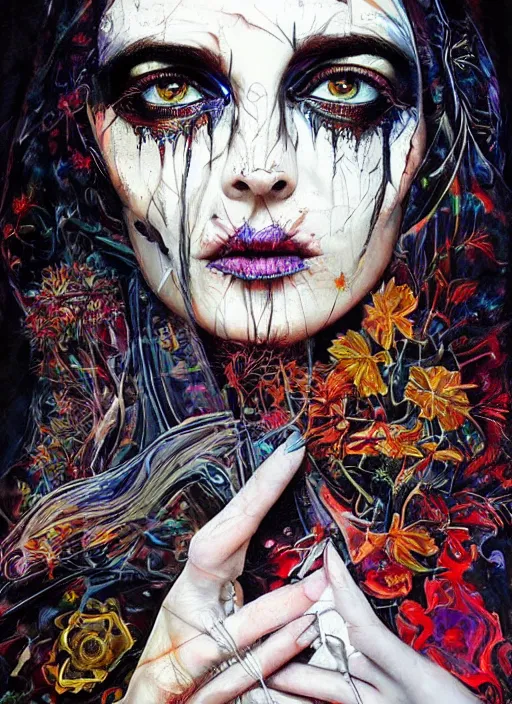 Image similar to beautiful tripping cult magic psychic woman, subjective consciousness psychedelic, epic occult ritual symbolism story iconic, dark robed witch, oil painting, robe, symmetrical face, greek dark myth, by Sandra Chevrier, masterpiece