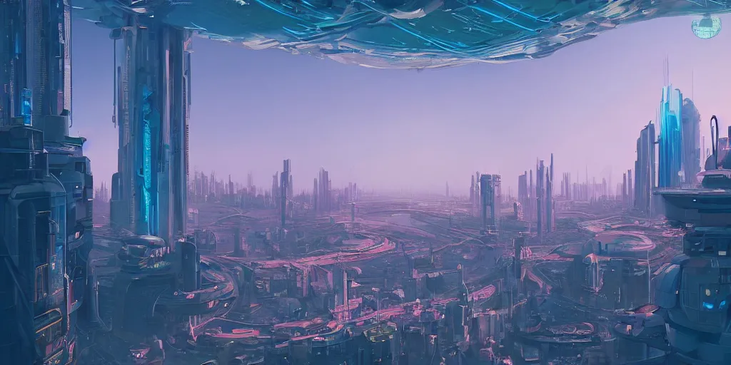 Prompt: translucent azure glass dome containing skyscraper city within, outside of it only ocean, Stalenhag style, cyberpunk, soft light, neon lights, 8k, high detail