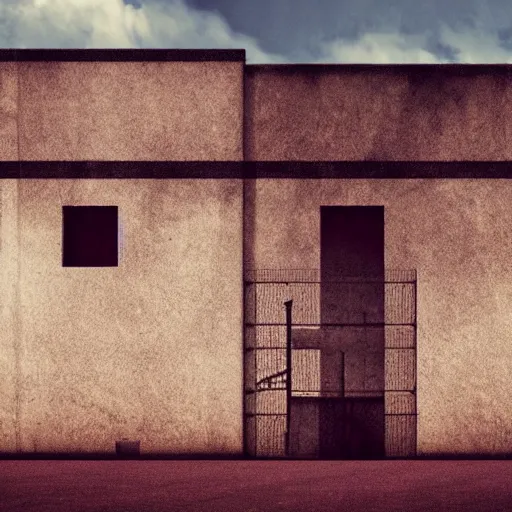 Image similar to outside view of prison wall, guard tower, zoom photography, prison complex, oppressive atmosphere, artstation award, modern prison