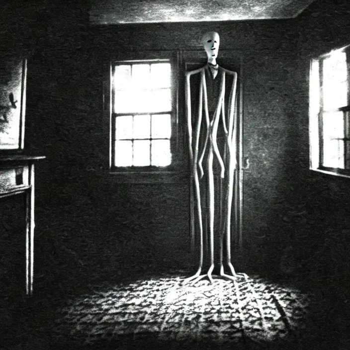 Prompt: a very old photo of slenderman in a house stalking the camera, terrifying, Highly Detailed, hyperrealistic, refined