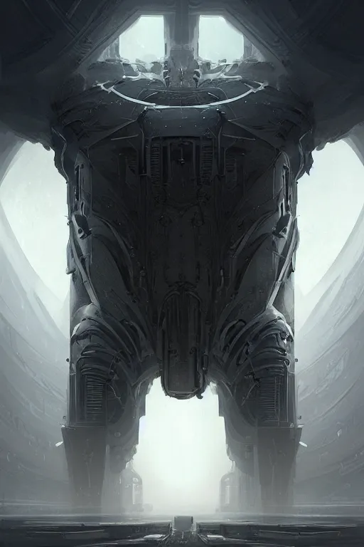 Image similar to professional concept art of a symmetrical! ominous floating mechanical steel terrifying giant monster thing in a dark room by artgerm and greg rutkowski. an intricate, space, elegant, highly detailed digital painting, concept art, smooth, sharp centred focus, illustration, cubism, in the style of cam sykes, wayne barlowe, igor kieryluk.